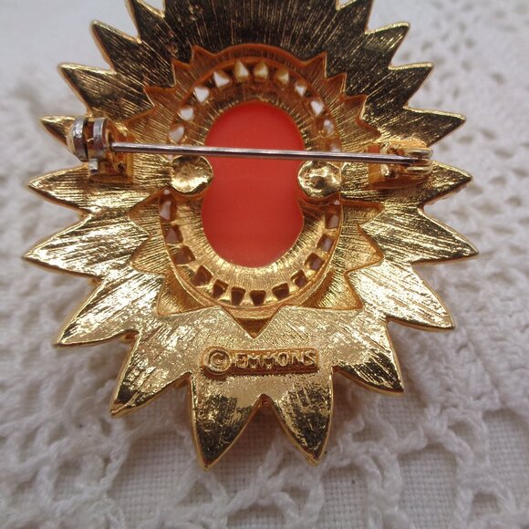Vintage EMMONS Dawning Glory Coral Cabochon Gold Tone SUNBURST BROOCH - Picture 6 of 6